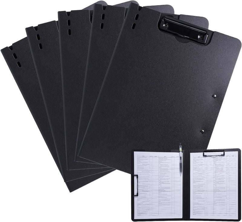 FRETONBA Clipboard Folder, 5 Pack A4 Foldable Clipboard with Horizontal and Vertical Double Metal Clips, 360 Degree Foldable Binder Clipboards with Pen Holder, File Cover Folder Clipboards, Black - Image 1